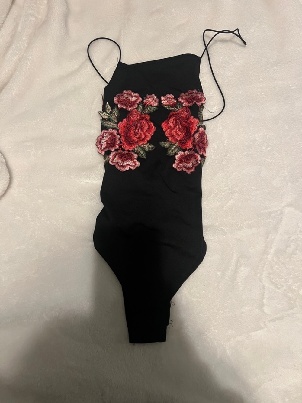 SHEIN Black Bodysuit with Red & Pink Floral Appliqué